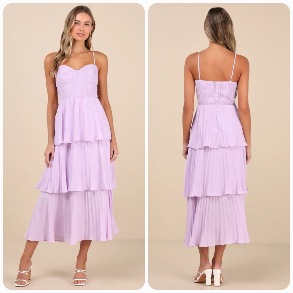 Lulus Dress Womens XL Lavender Tiered Bustier Pleated Midi Cascading Crush Guest